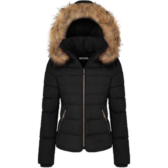 Fur Hooded Puffer Jacket With Zipper Fleece Lining For Women